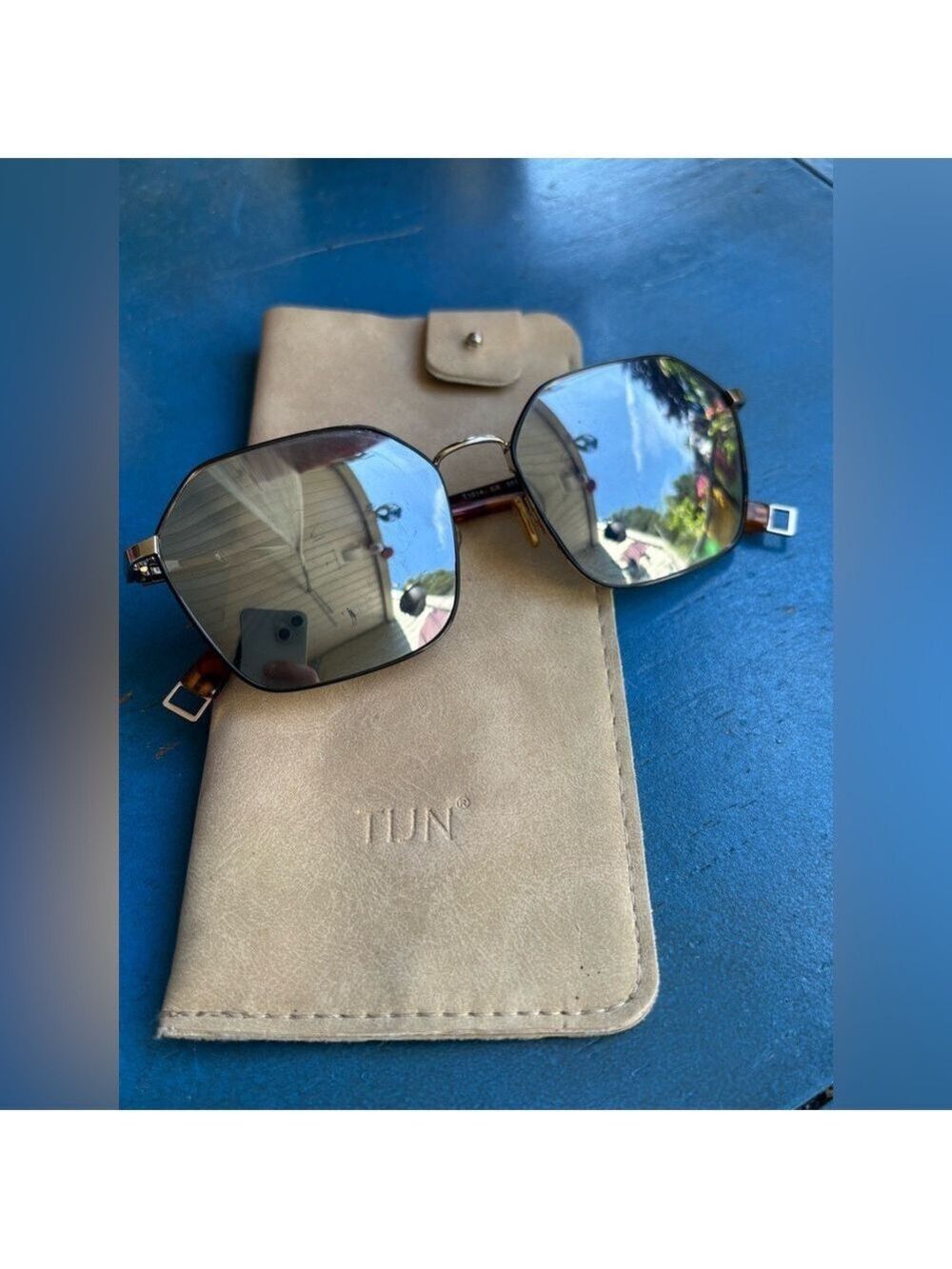 TIJN Geometric Hexagon Sunglasses Mirrored With Beige Case UNISEX